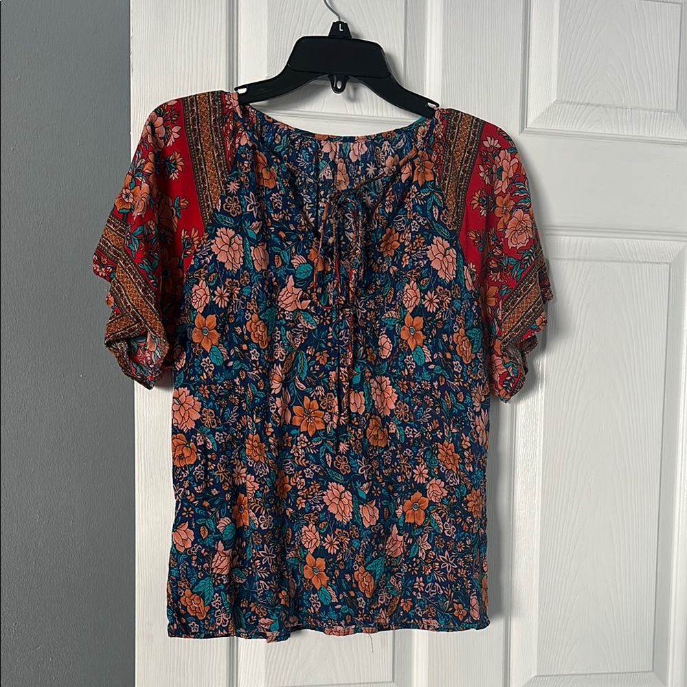 Orange and Pink Puff Sleeve Blouse with Tie Front